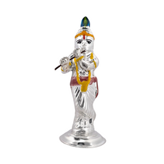 Silver Krishna Idol with Peacock Feather
