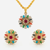 22K Gold Multicolor Floral Pendant with Earrings Set