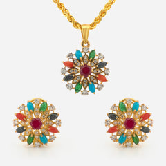 22K Gold Multicolor Floral Pendant with Earrings Set