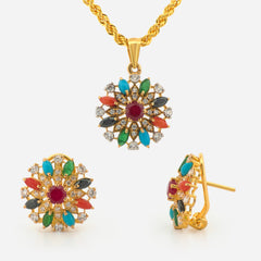 22K Gold Multicolor Floral Pendant with Earrings Set