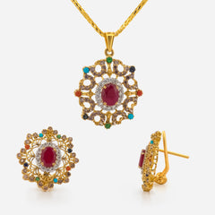 22K Gold Multicolor Pendant with Earrings Set