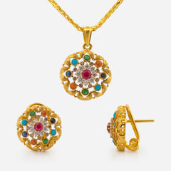22K Gold Multicolor Pendant with Earrings Set
