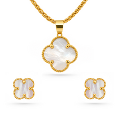 22K Gold Mother Pearl Clover Pendant with Earrings Set
