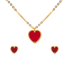 22K Gold Red Heart Necklace & Earrings Set