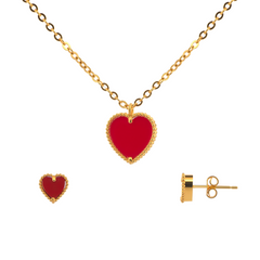 22K Gold Red Heart Necklace & Earrings Set