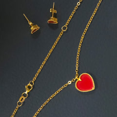 22K Gold Red Heart Necklace & Earrings Set