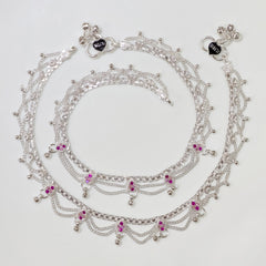 Silver Layered Pink Stone Anklet