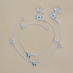Silver Beaded Green Stone Anklets
