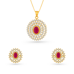 22K Gold Radiant Ruby Pendant with Earrings Set
