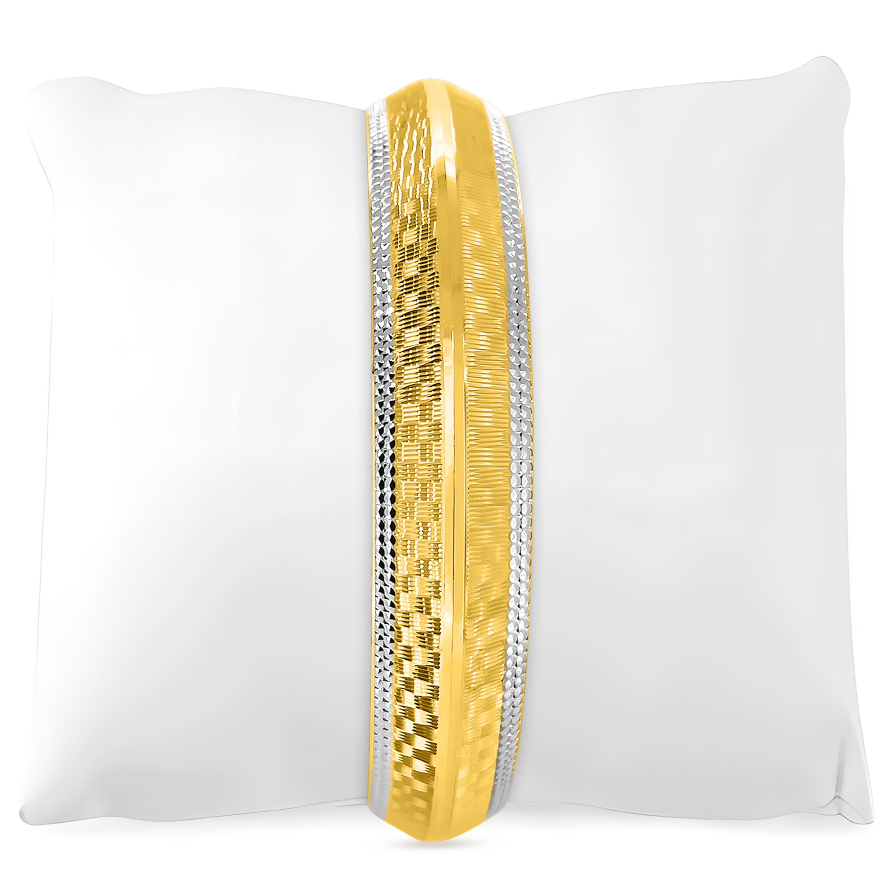 A 22K gold kada with a 3D brick texture and dot accents displayed on a white cushion.