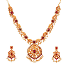 22K Gold Traditional Red Stone Necklace Set