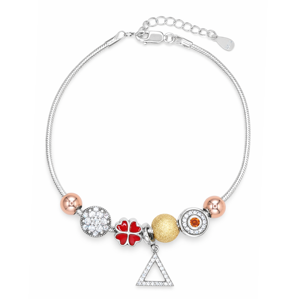 Silver Red Clover Triangle Charm Bracelet