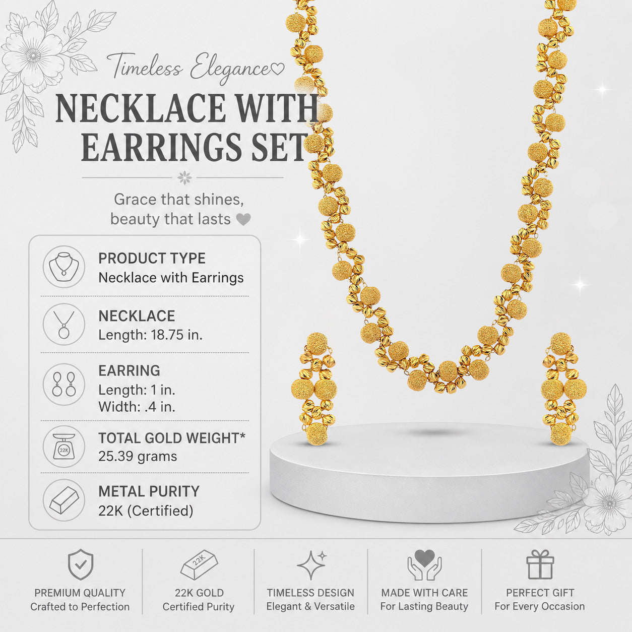 22K Gold Necklace & Earrings Set