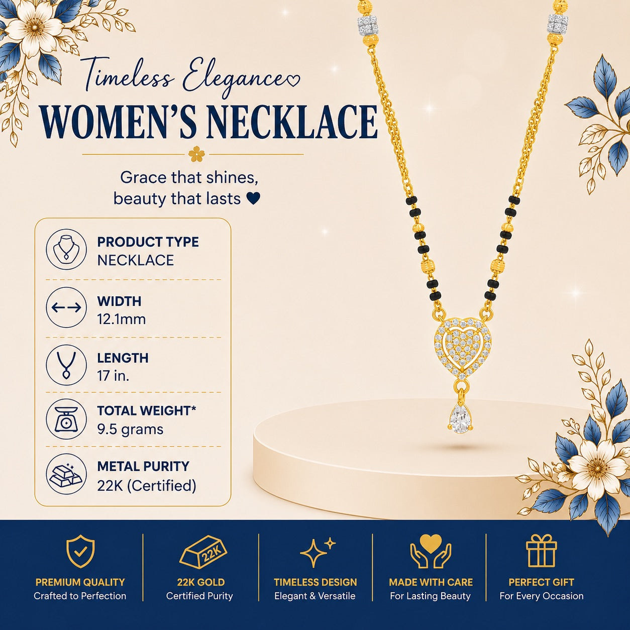 22K Gold Elegant Heart Mangalsutra Necklace