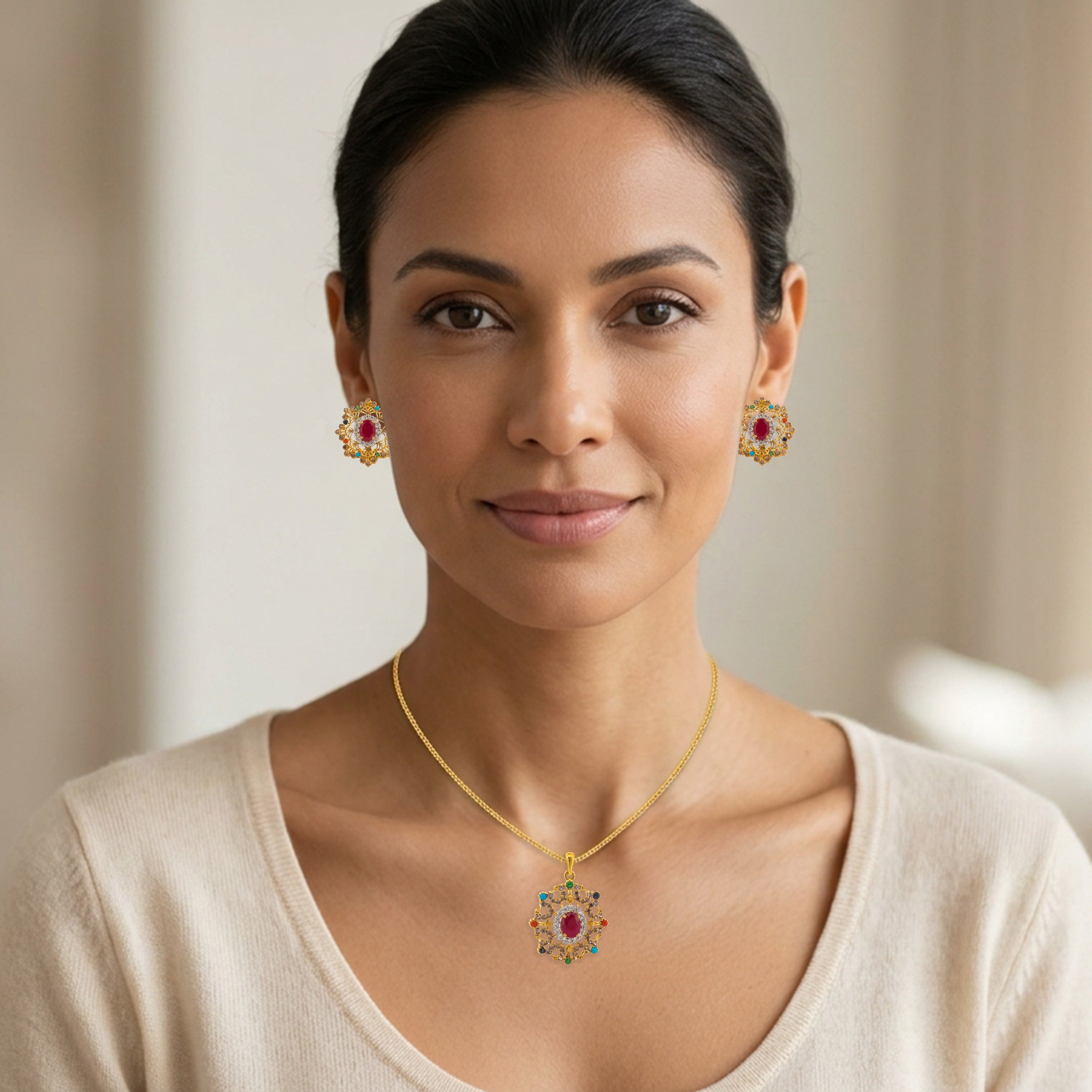 22K Gold Multicolor Pendant with Earrings Set