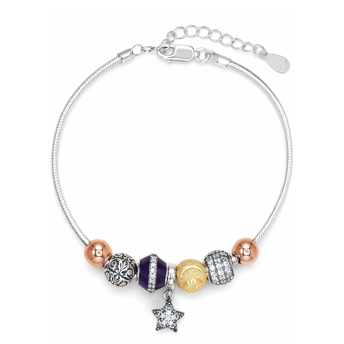 Silver Purple Crystal Star Charm Bracelet