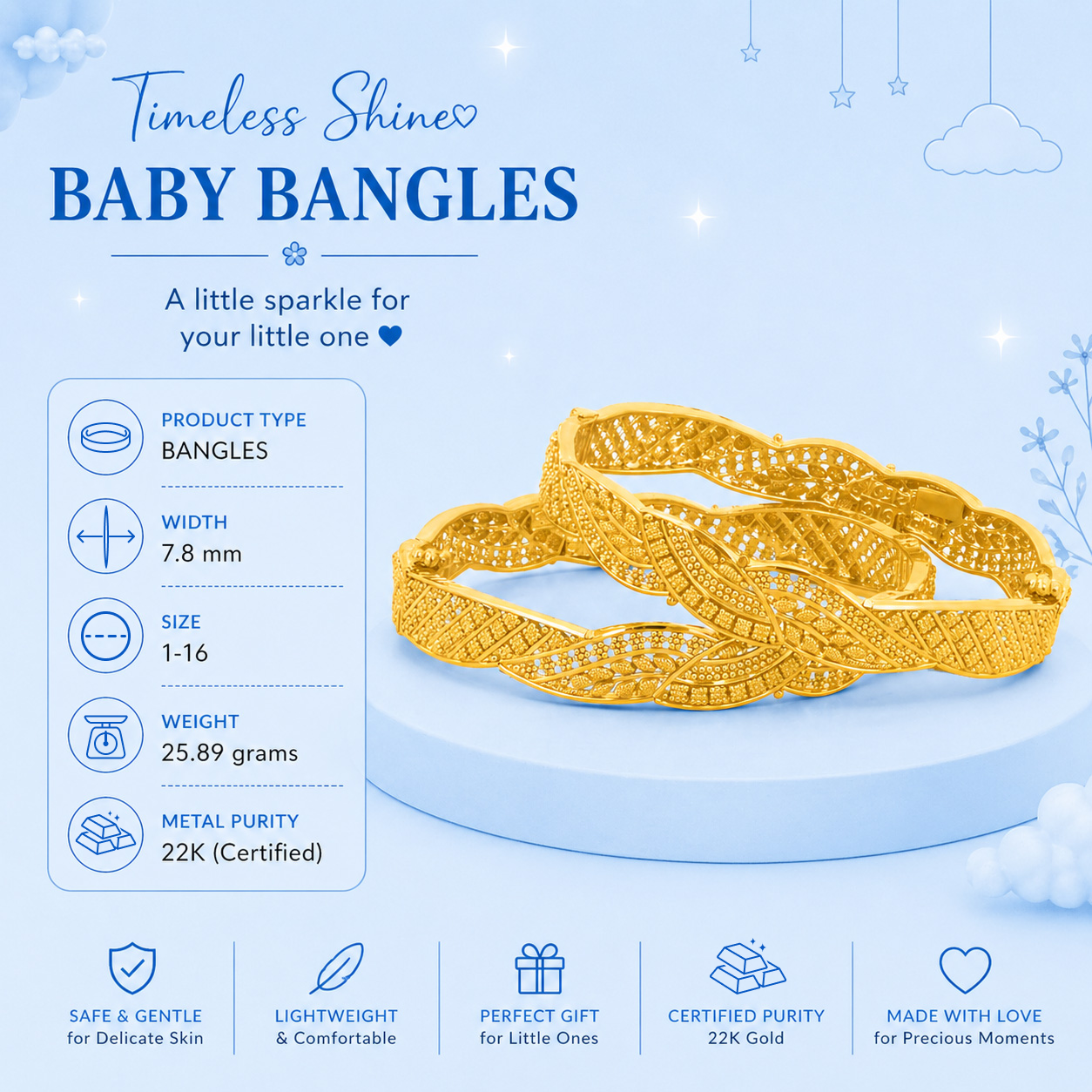 22K Gold Baby Bangles With Screw Closure