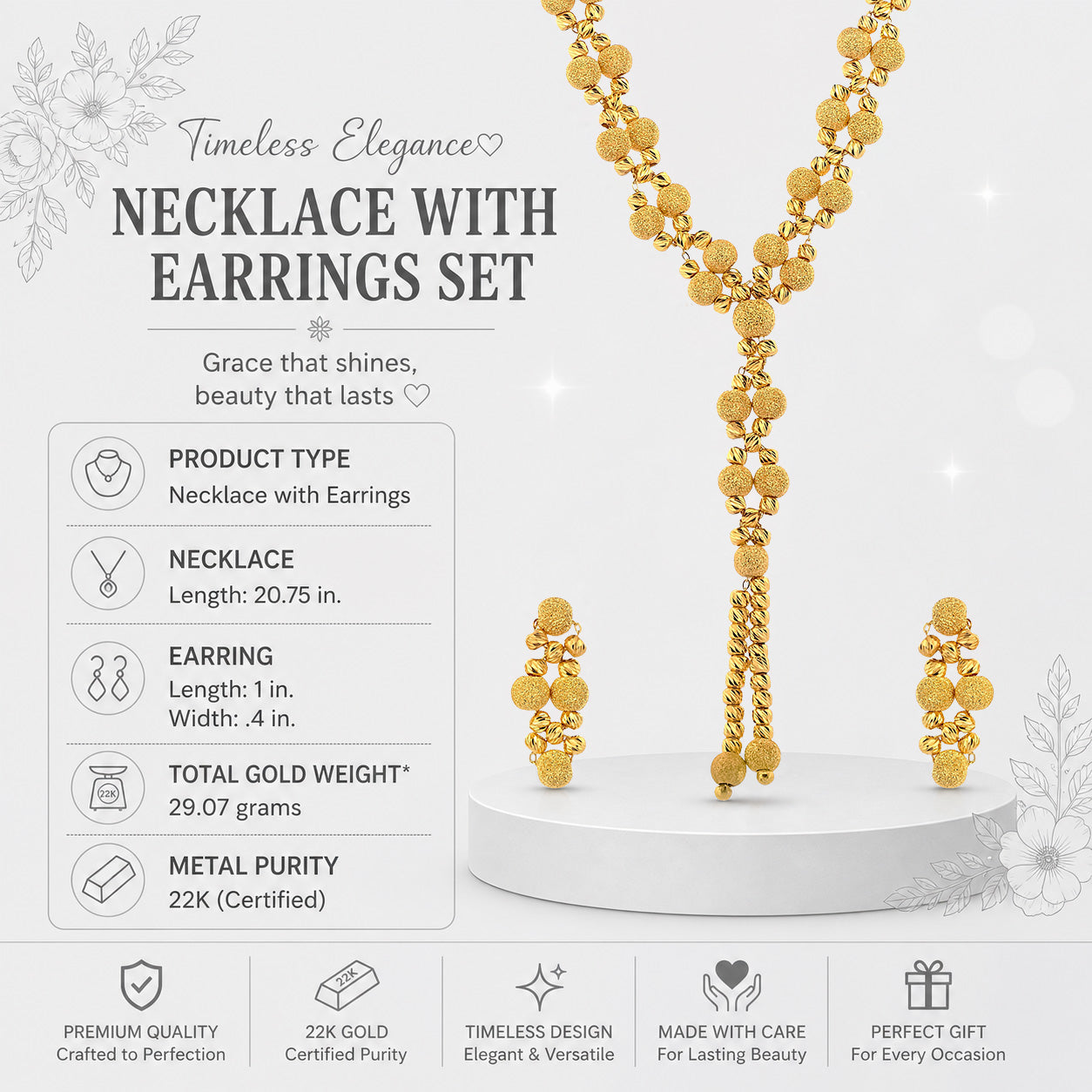 22K Gold Necklace & Earrings Set