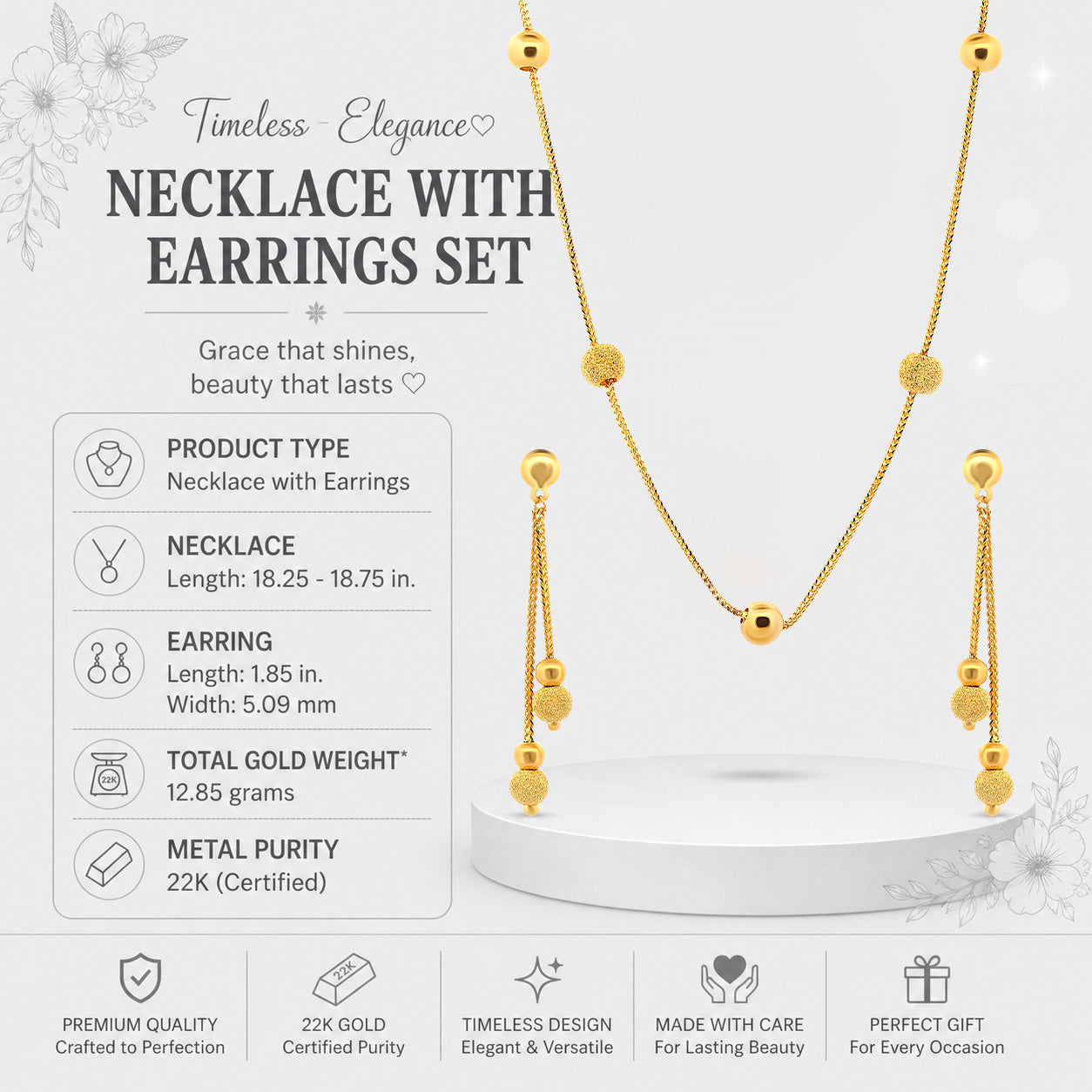 22K Gold Necklace & Earrings Set