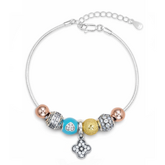 Silver Blue Heart Floral Drop Charm Bracelet