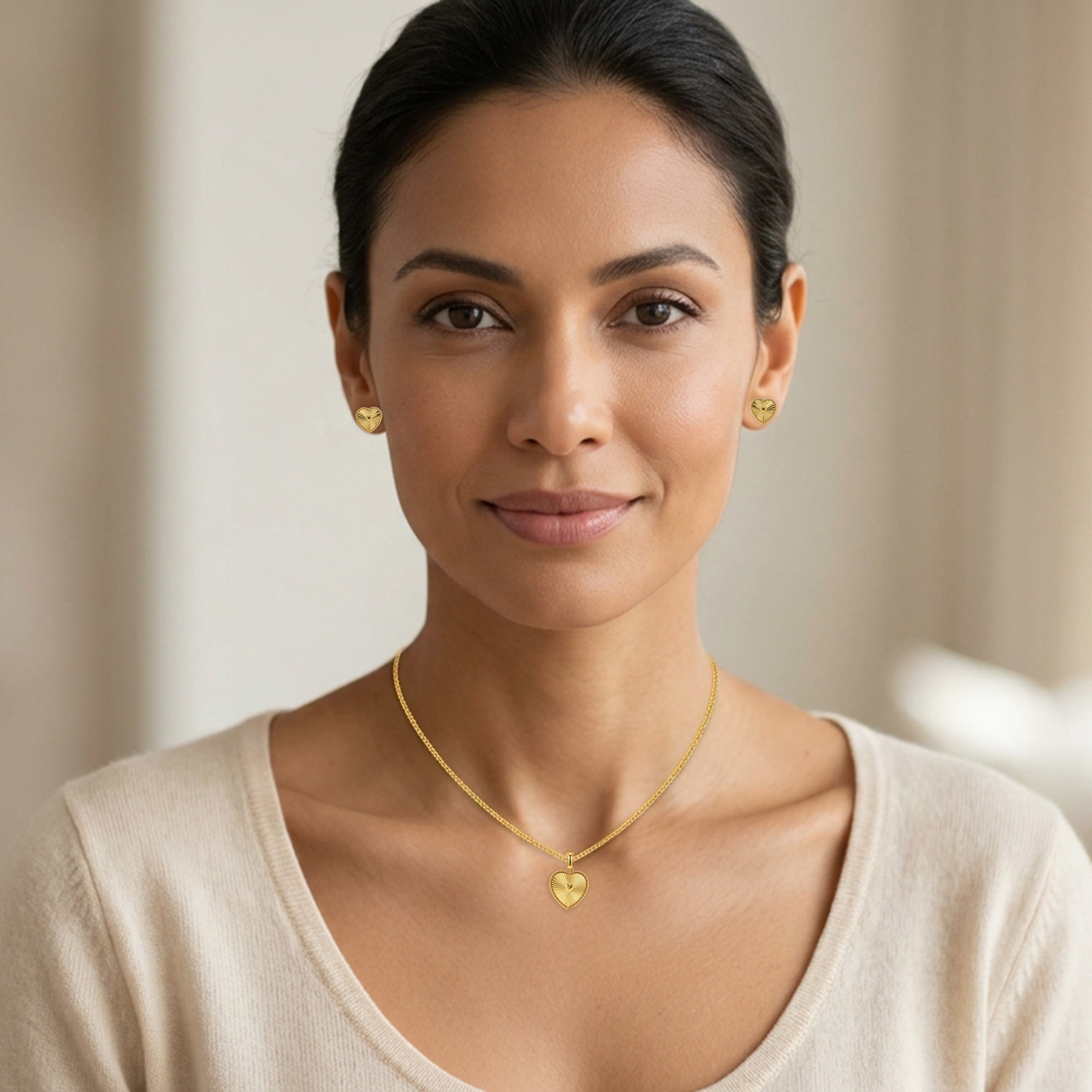 22K Gold Radiant Heart Pendant with Earrings Set