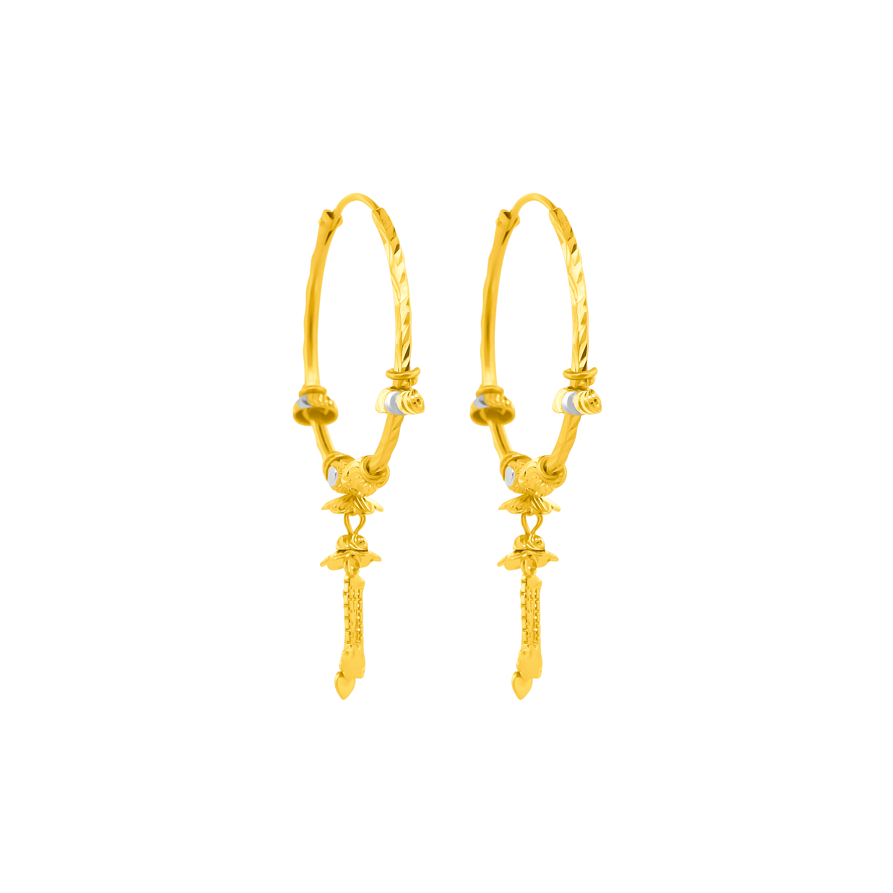 22K Gold Ornate Drop Hoop Earrings