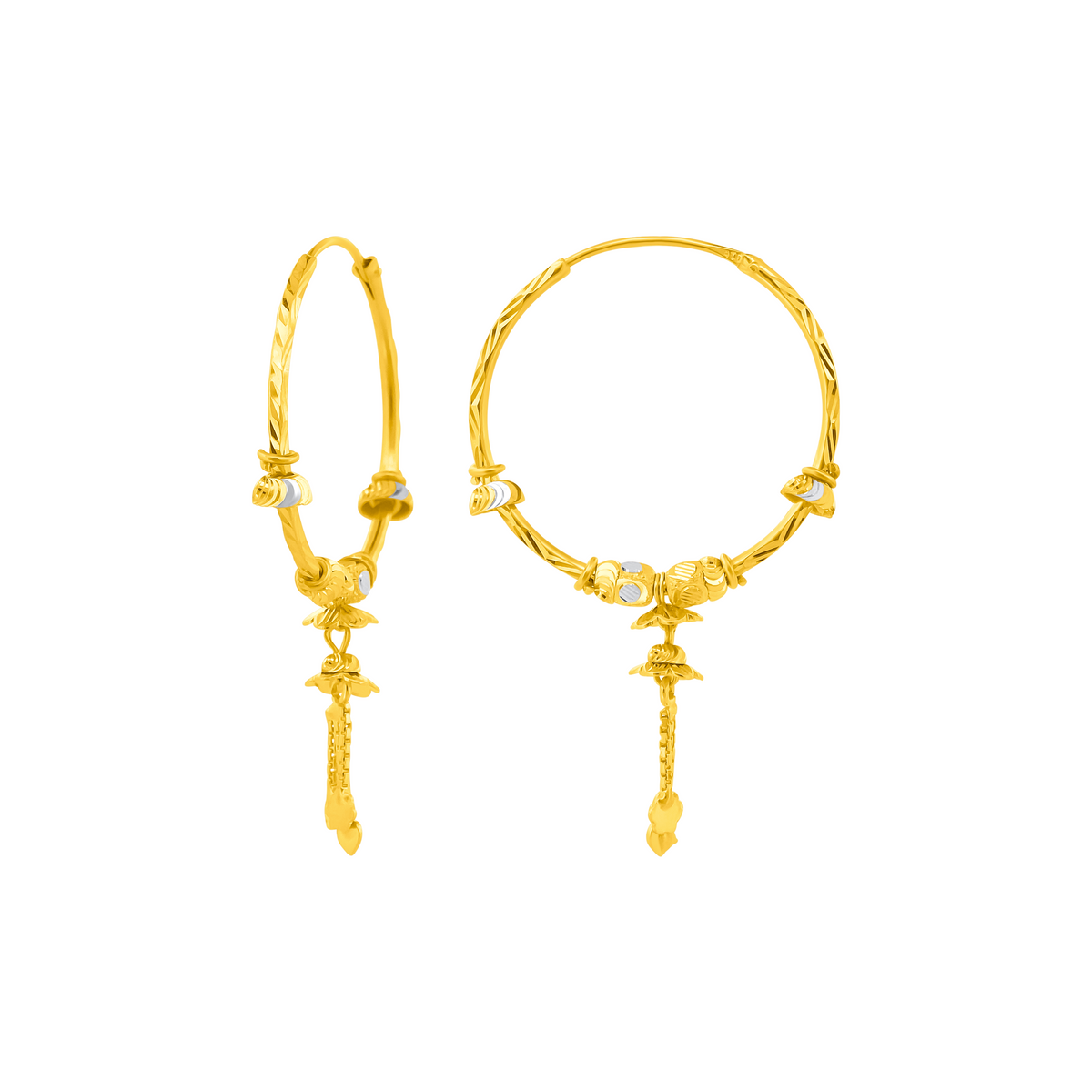 22K Gold Ornate Drop Hoop Earrings