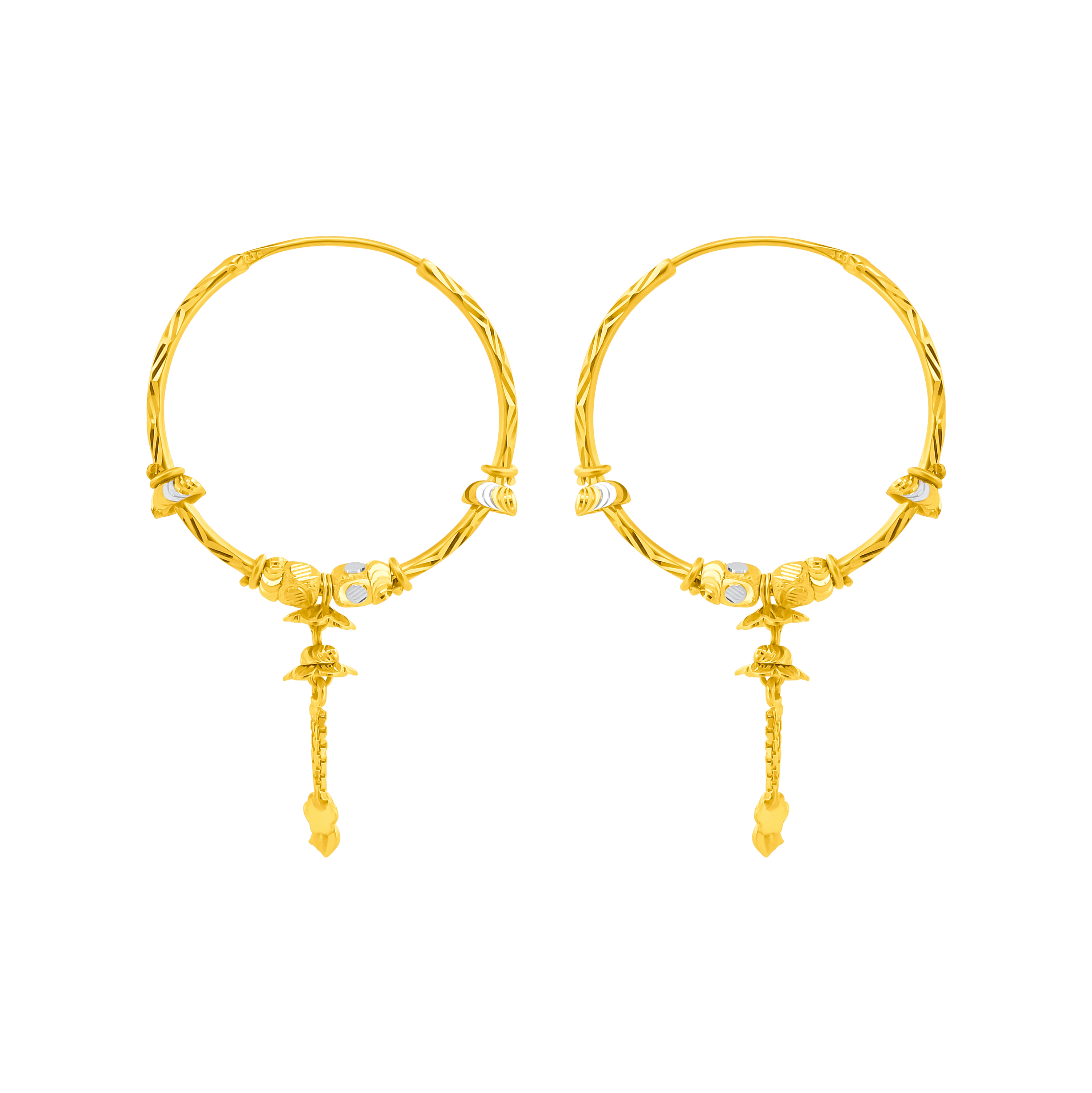 22K Gold Ornate Drop Hoop Earrings