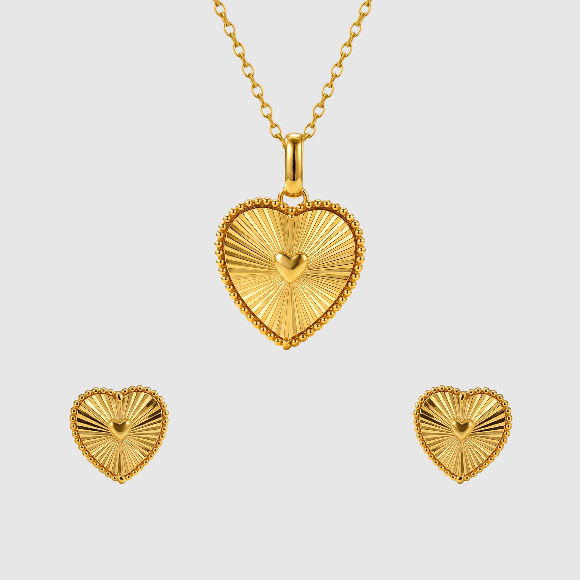 22K Gold Radiant Heart Pendant with Earrings Set