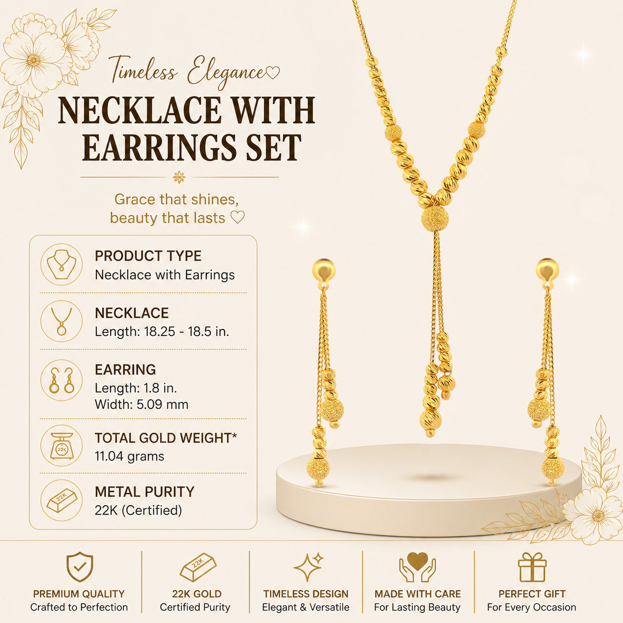 22K Gold Necklace & Earrings Set