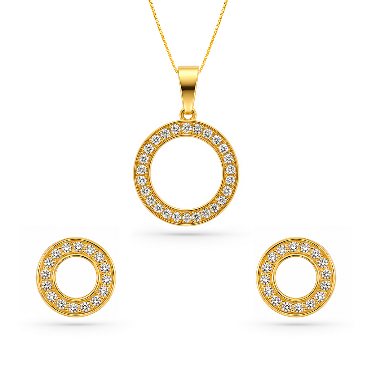 22K Gold Halo Pendant with Earrings Set