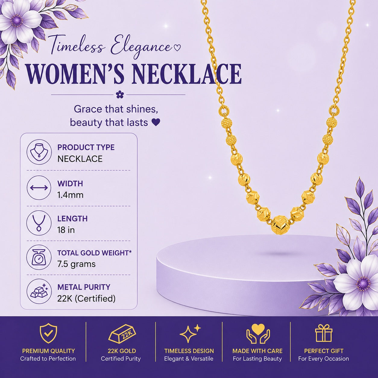 22K Gold  Classic Beaded Necklace