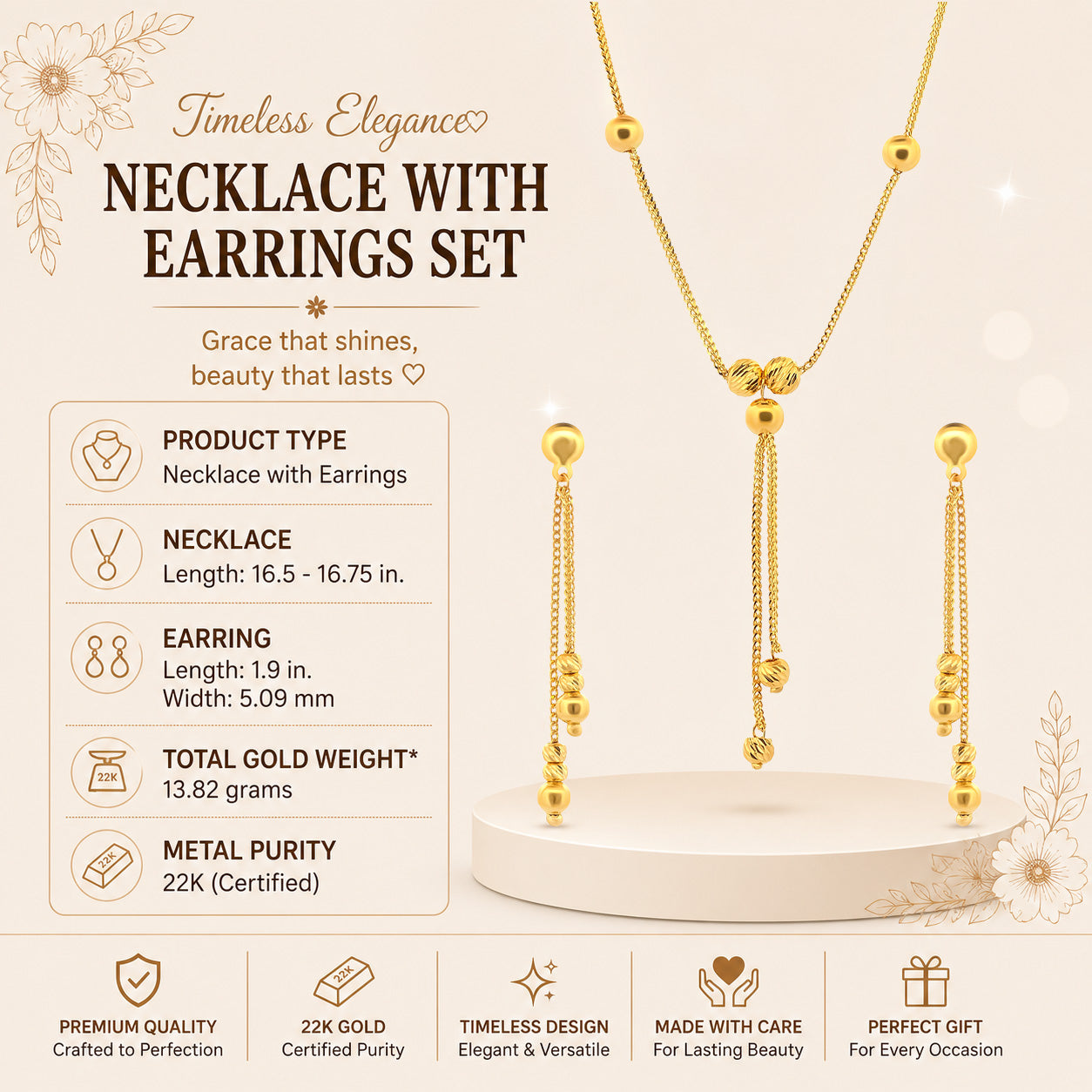 22K Gold Necklace & Earrings Set