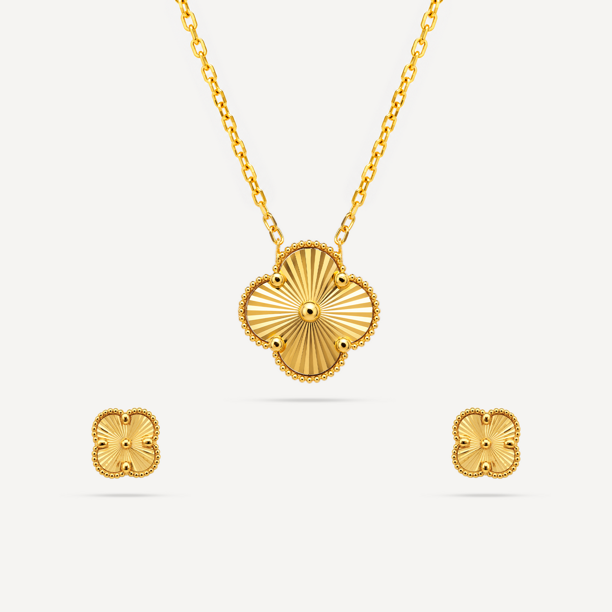 22K Gold Lucky Clover Necklace & Earrings Set