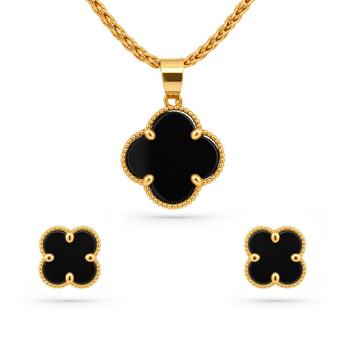 22K Gold Black Clover Pendant with Earrings Set