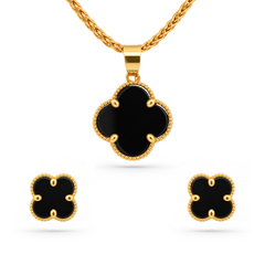 22K Gold Black Clover Pendant with Earrings Set