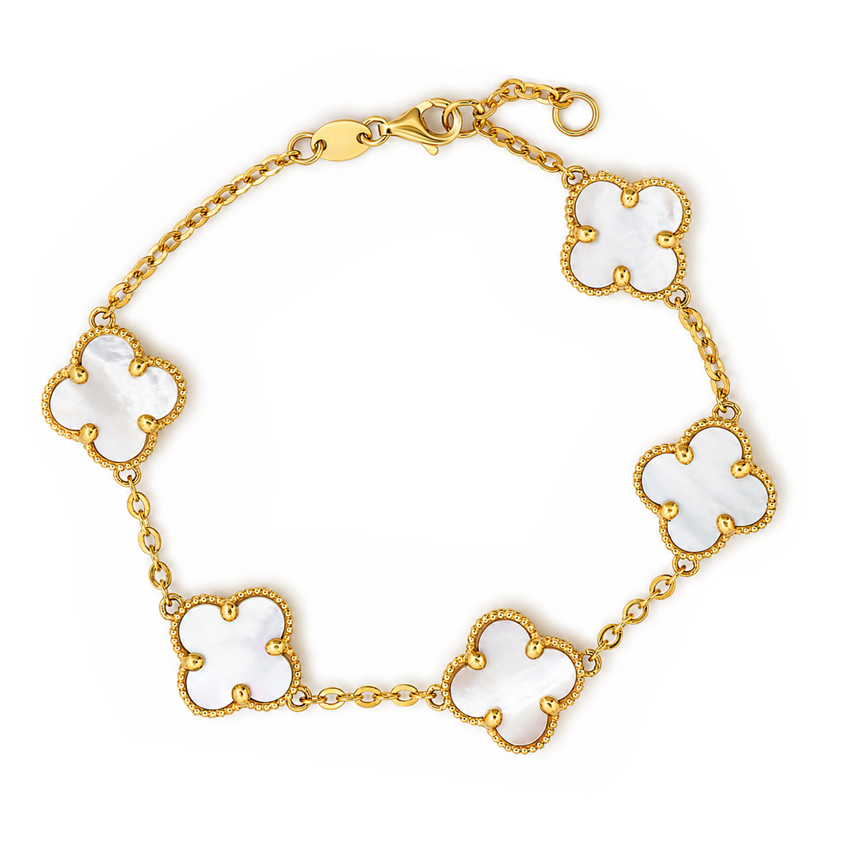 22K Gold Mother Of Pearl Five Clover Station Bracelet
