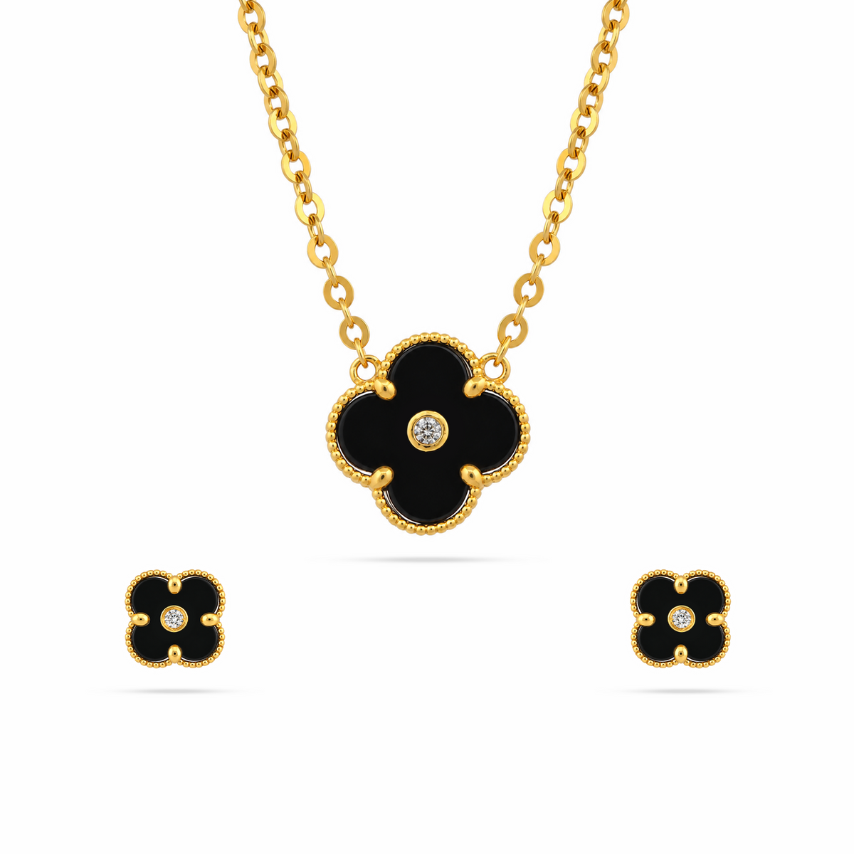 22K Gold Black Clover Necklace & Earrings Set
