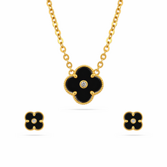 22K Gold Black Clover Necklace & Earrings Set