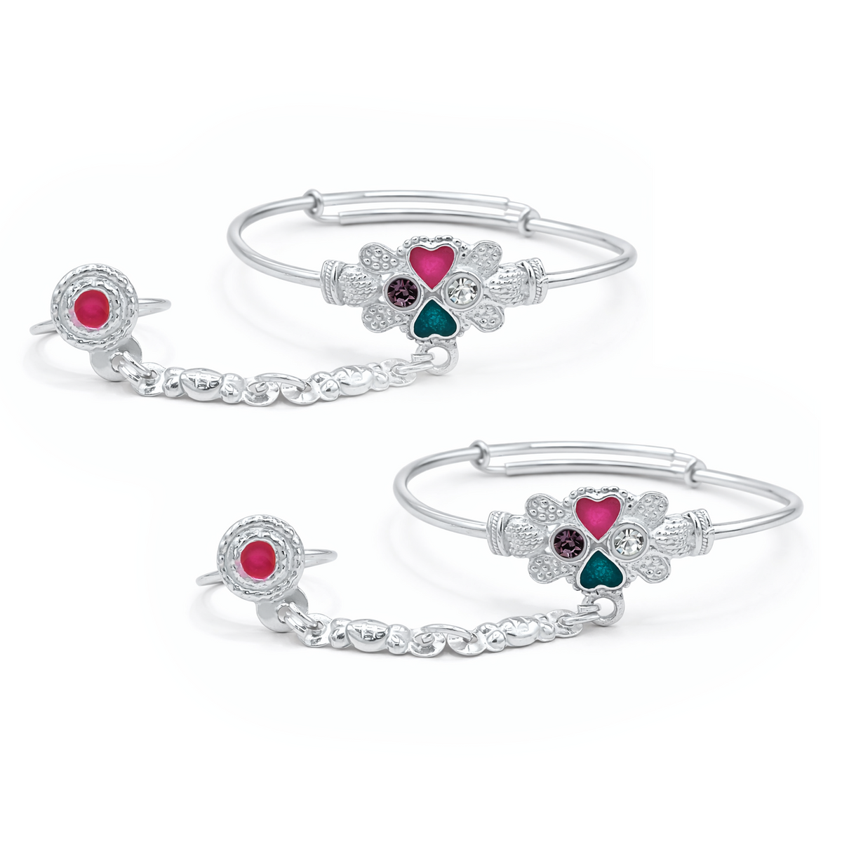 Silver Heart Charm Baby Kadas with Ring - Set of 2