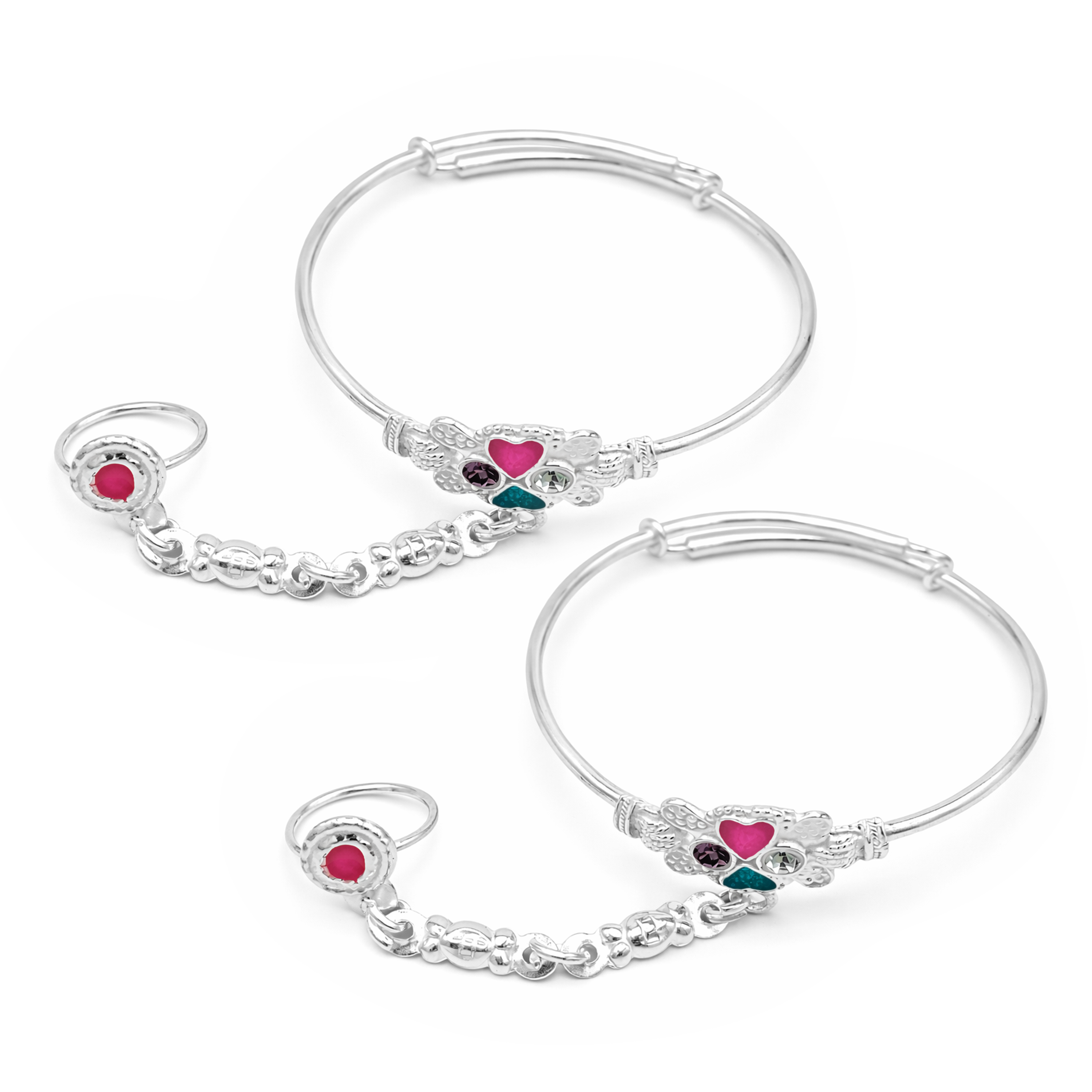 Silver Heart Charm Baby Kadas with Ring - Set of 2