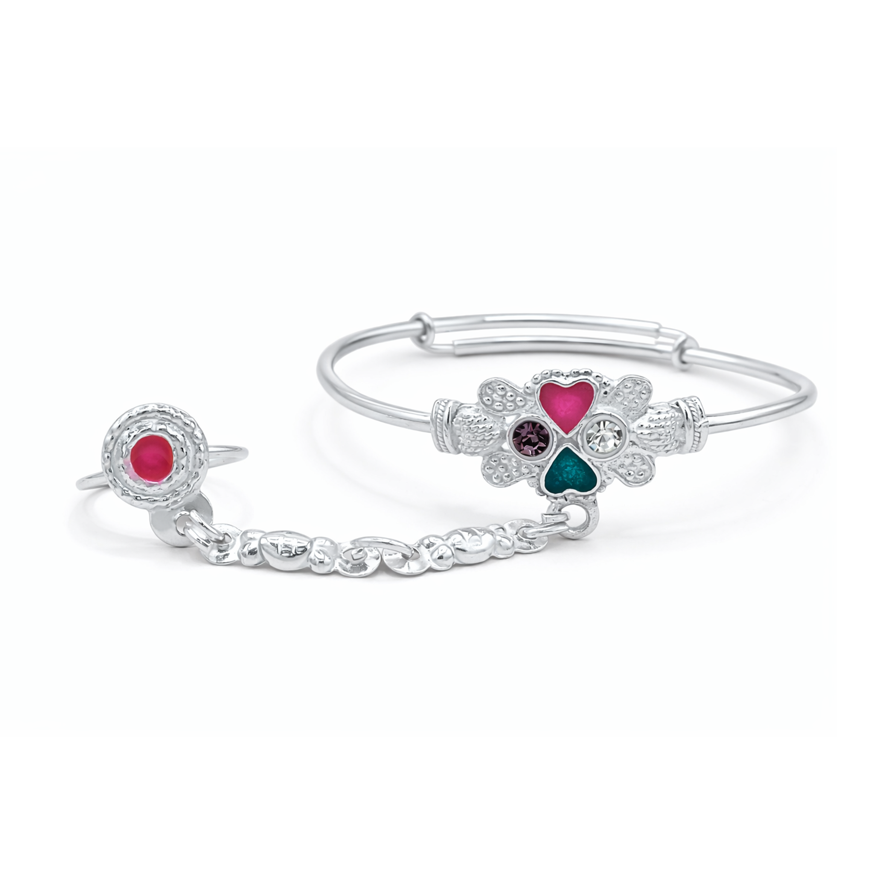 Silver Heart Charm Baby Kadas with Ring - Set of 2
