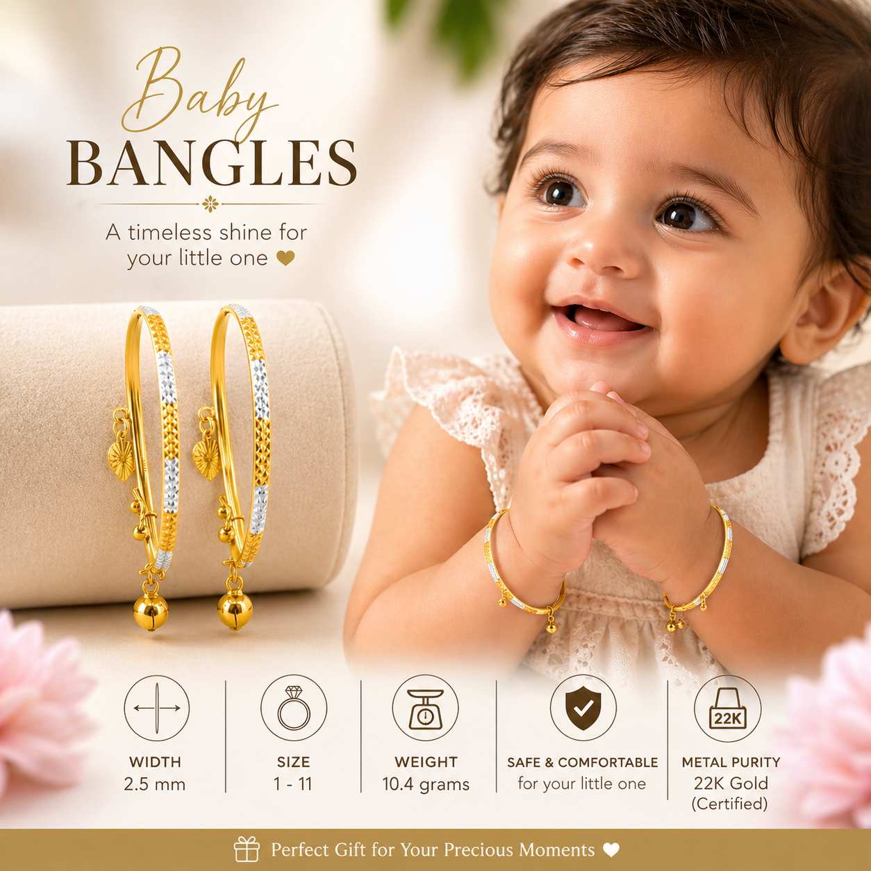 22K Gold Baby Pipe Bangle Bracelets