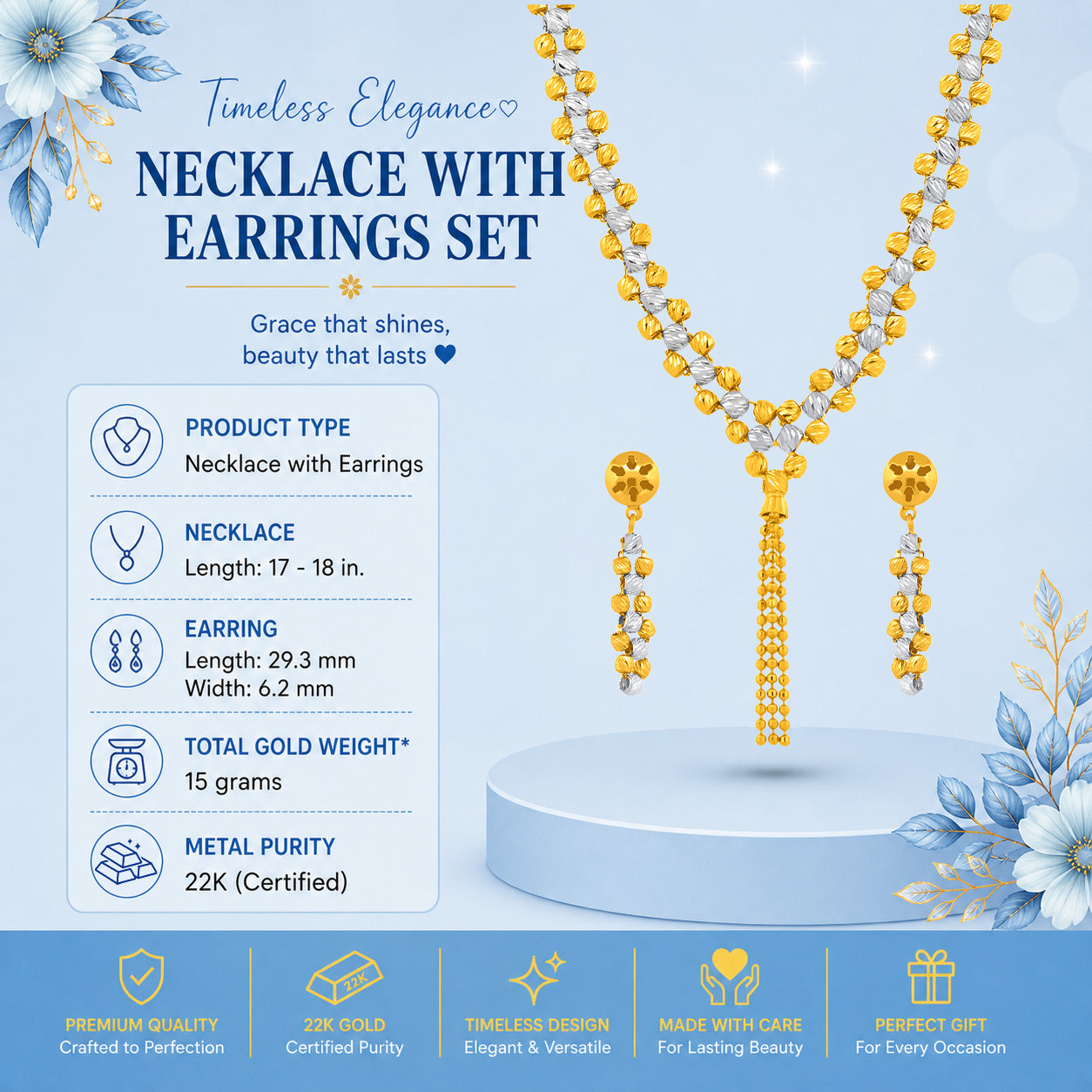 22K Gold Two-Tone Beaded Necklace & Earrings Set
