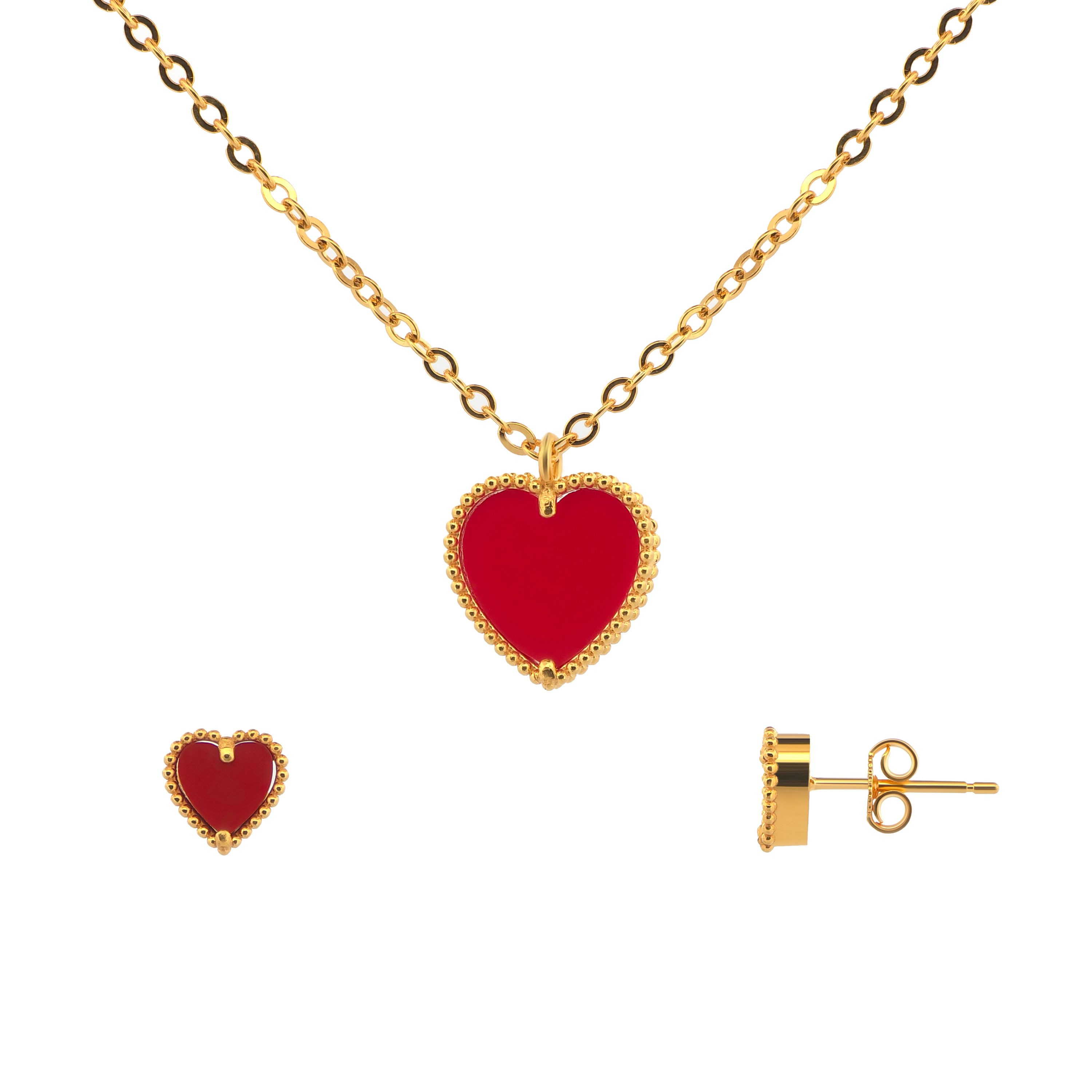 22K Gold Red Heart Necklace & Earrings Set