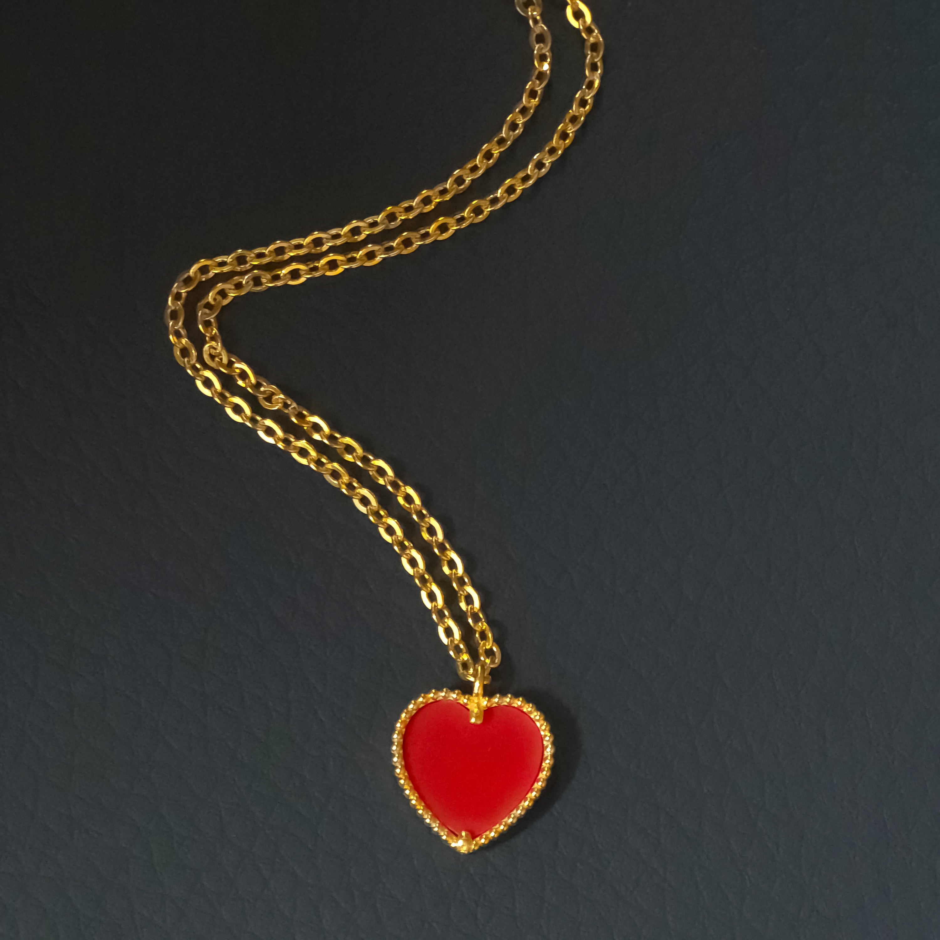 22K Gold Red Heart Necklace & Earrings Set