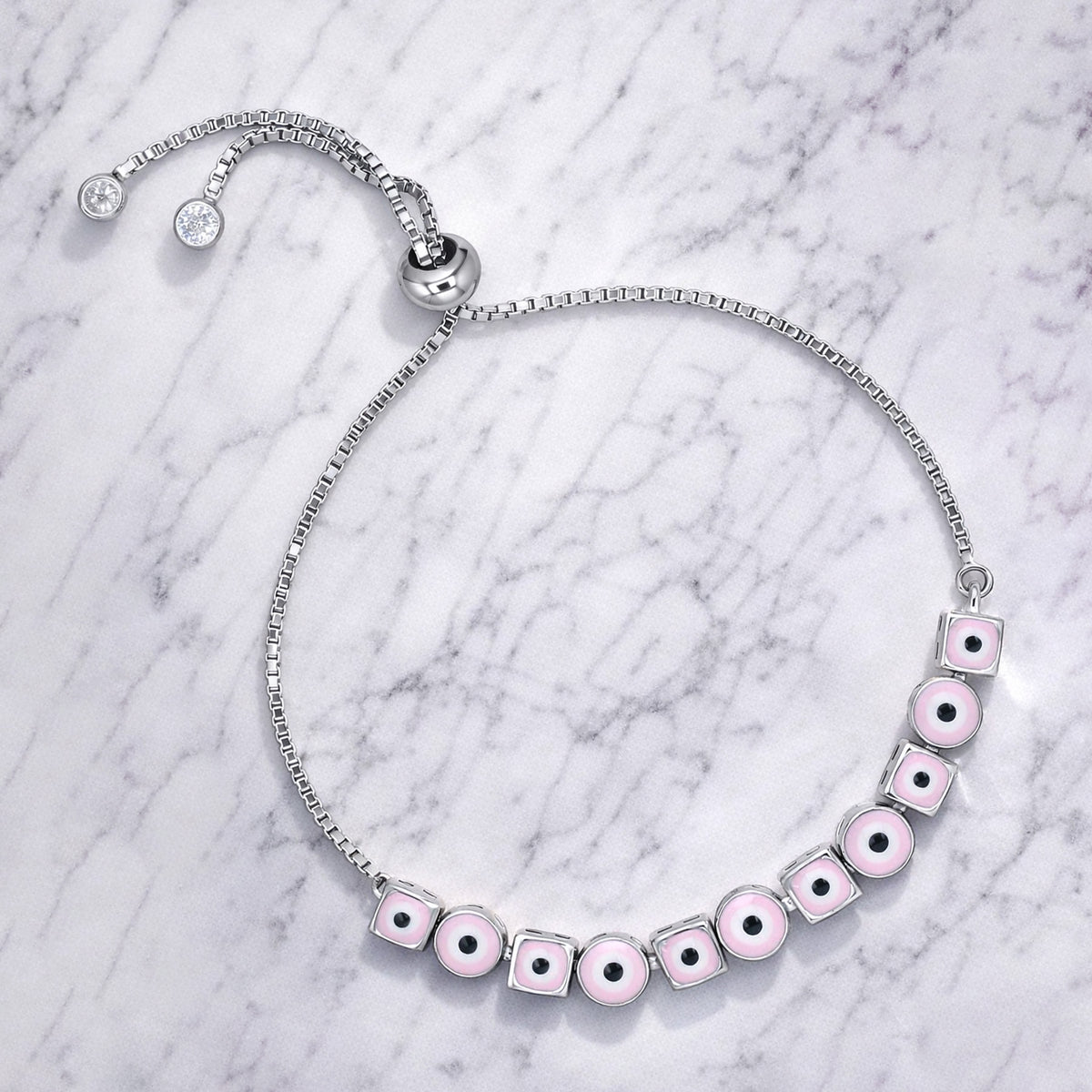 Silver Pink Evil Eye Bracelet
