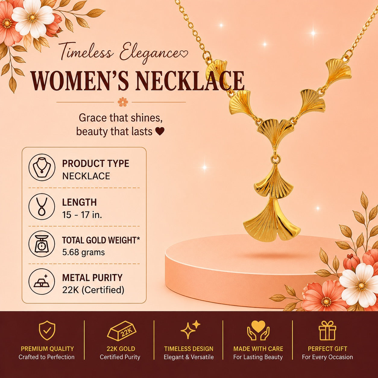 22k Gold Leaf Fan Drop Necklace