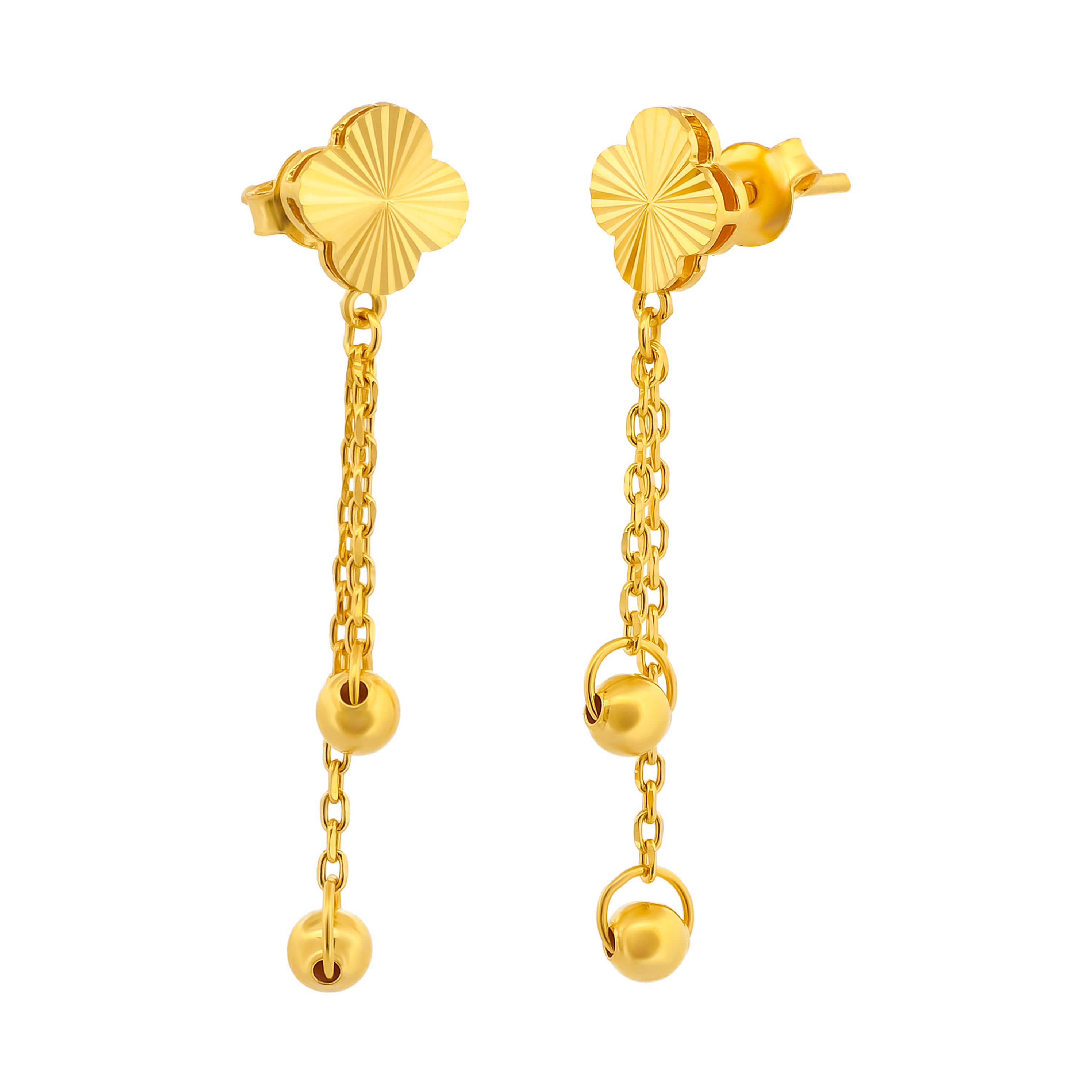 22K Gold Clover Double Chain Drop Earrings