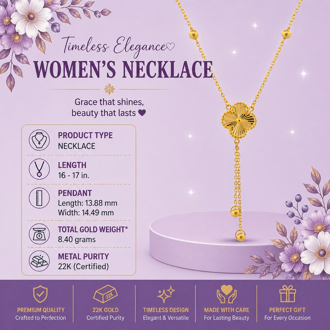 22k Gold Clover Tassel Drop Necklace